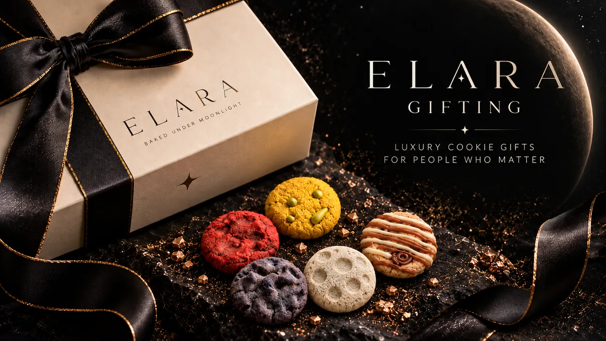 ELARA moonlight cookie gift — a cream gift box with black and gold-edged ribbon, beside five filled ELARA cookies on a dark stone surface